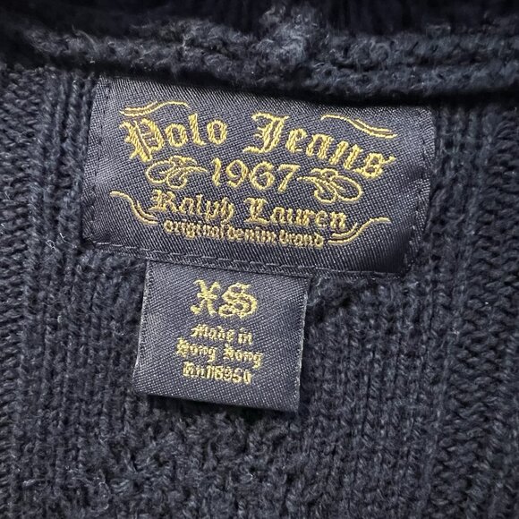 Polo Jeans 1967 Ralph Lauren Women's XS Vintage V Neck Cable Knit Hooded Sweater - Picture 3 of 10
